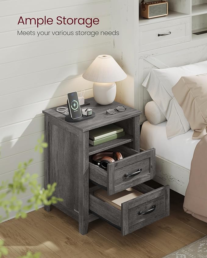 VASAGLE LIRY Collection - Farmhouse Nightstand with Charging Station, Bedside...