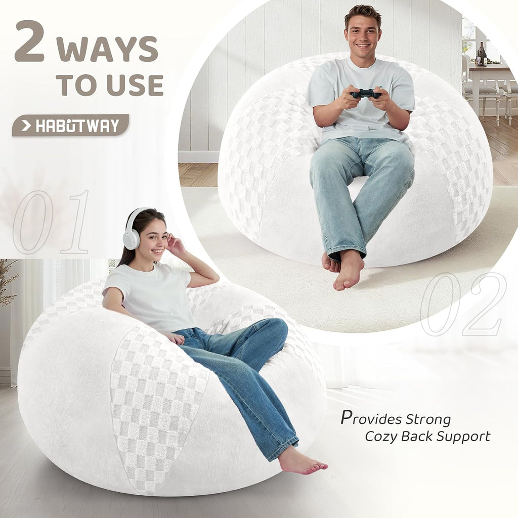 HABUTWAY Adults Bean Bag Chair, Teardrop Beanbag with Memory Foam Filled | Bean Bag Sofa With Removable Cover, Cozy Boneless Chair with Handle for Living Room, Bedroom (Checkerboard White 4FT)