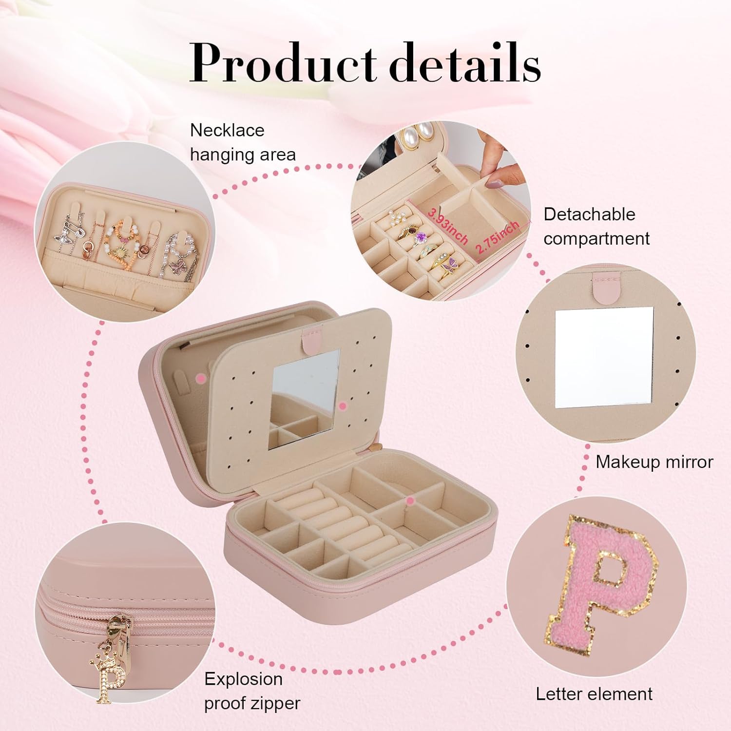 TopPerfekt Travel Jewelry Case, Jewelry Box with Mirror, Jewelry Organizer Bridal Shower Gifts to Her, Earring Storage Travel Case, Trendy Gift for Women and Girls, Girlfriend-Letter P, Pink