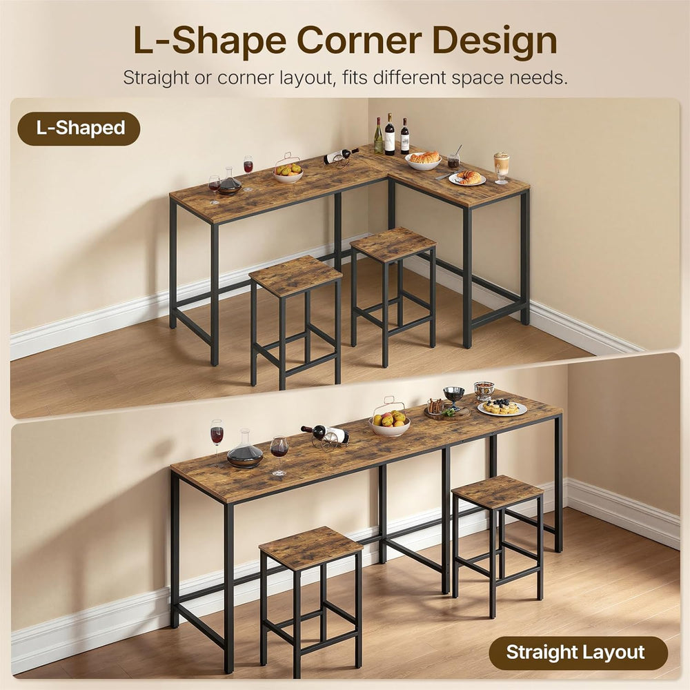 YATINEY L-Shaped Bar Table Chairs Set, 78.7" Bar Height Table and 2 Chai...