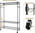 BATHWA Rolling Garment Rack with Adjustable Wire Shelf, 3 Tired Clothes Rack including 1 Clothes Hanging Bar, 1 Roating Hanger Hooks - Hold Up to 400Lbs (Black, 1Rod 1Hook)