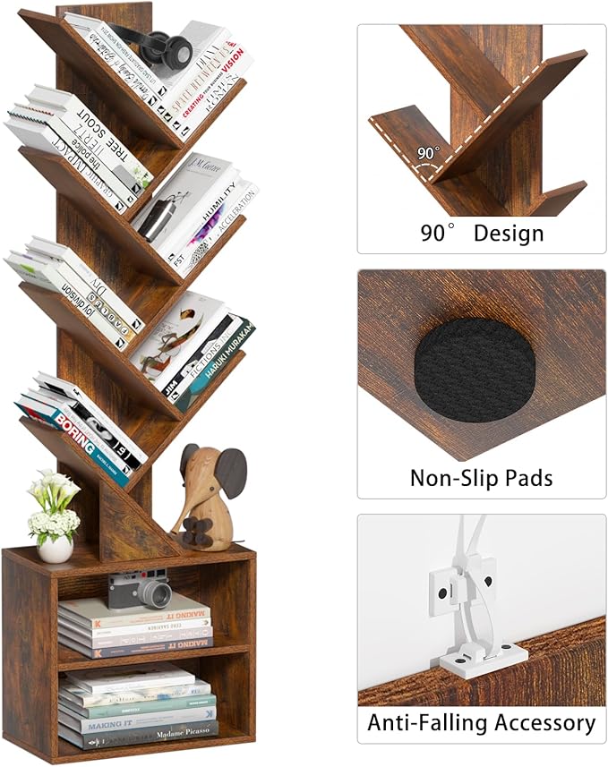 10 Tier Tree Bookshelf,Floor Standing Wood Tall Bookcase for Narrow Space, St...