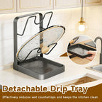 2-Tier Pot Lid Holder with Detachable Drip Tray, Kitchen Organizer | Two-tier countertop rack stores pot lids, pan covers, cutting boards, and ladles; detachable tray helps collect drips.