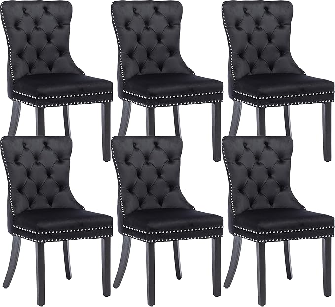 KCC Velvet Dining Chairs Set of 6, Upholstered High-end Tufted Dining Room Chair with Nailhead Back Ring Pull Trim Solid Wood Legs, Nikki Collection Modern Style for Kitchen, Black