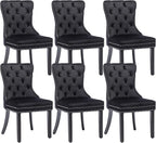 KCC Velvet Dining Chairs Set of 6, Upholstered High-end Tufted Dining Room Chair with Nailhead Back Ring Pull Trim Solid Wood Legs, Nikki Collection Modern Style for Kitchen, Black