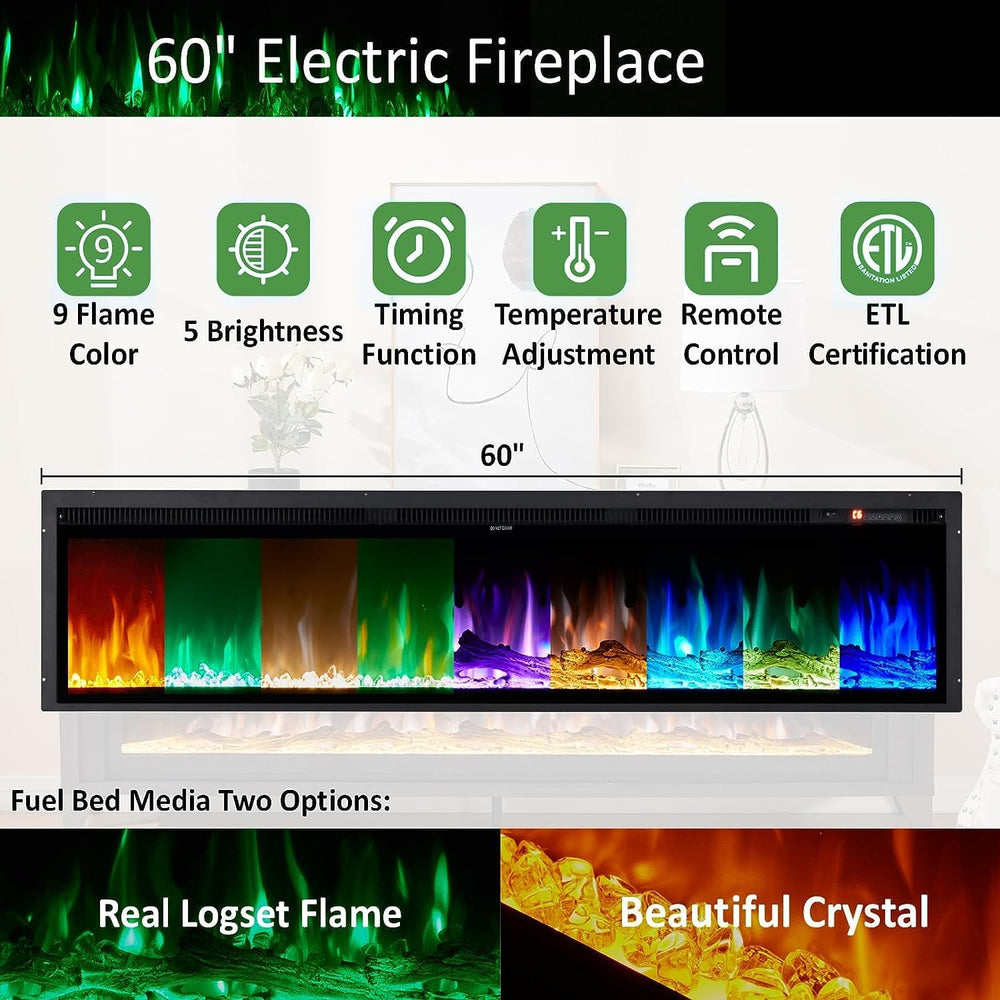 AMERLIFE 65" Fireplace TV Stand with 60" Glass Electric Fireplace, ...