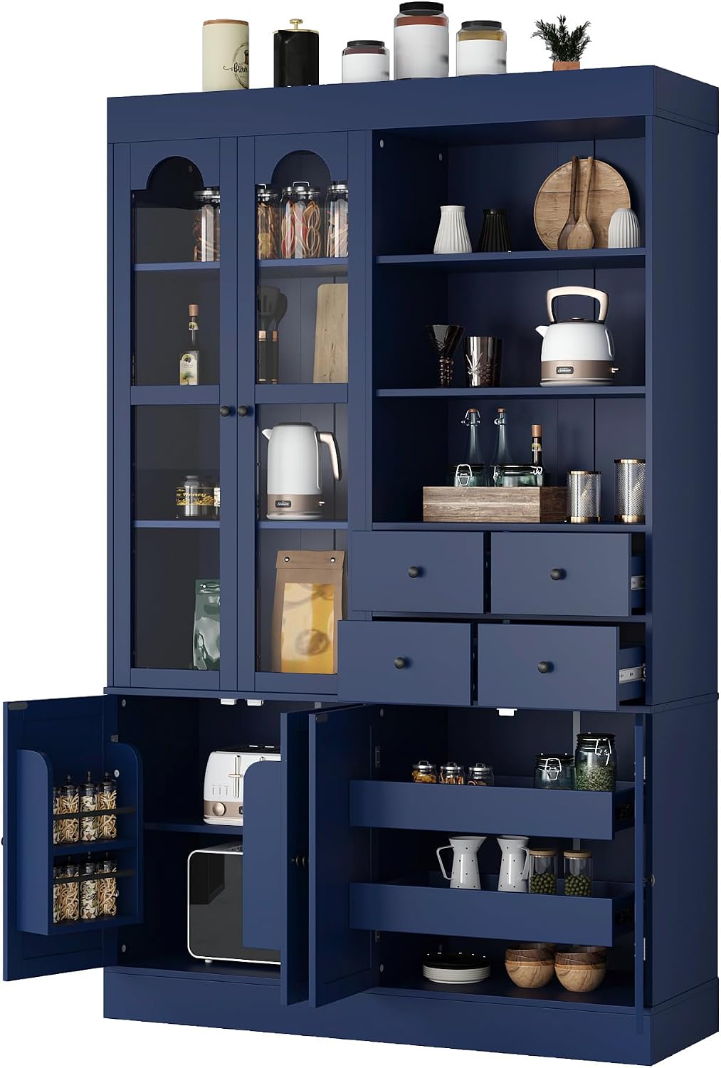 Freestanding Tall Kitchen Pantry Cabinet with 4 Drawers, Door Shelves and Pull-Out Trays, Wood Buffet Cabinet with Hutch with Hutch (Blue)