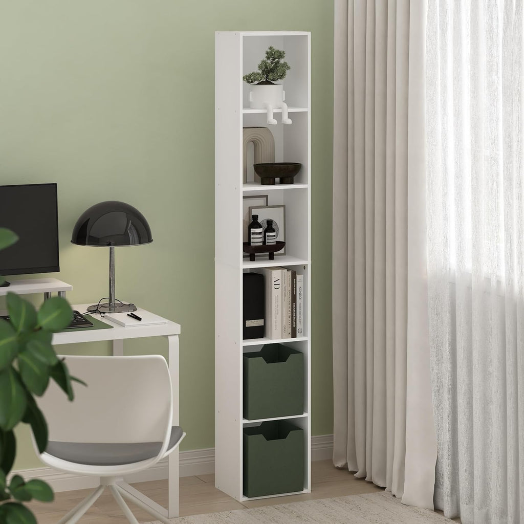 Furinno LUDER Book Shelf, 6-Tier Tall Modern Bookshelf, Bookcase with Open Shelves, 9.3 x 12 x 71, for Living Room, Bedroom, Home Office, White