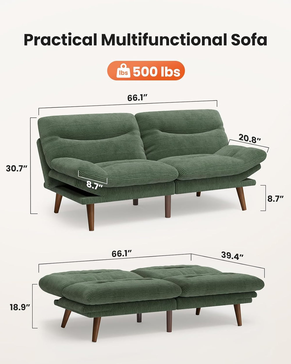 66″Futon Sofa Bed,3-in-1 Futon Couch w/Adjustable Backrest & Armrests, Co...