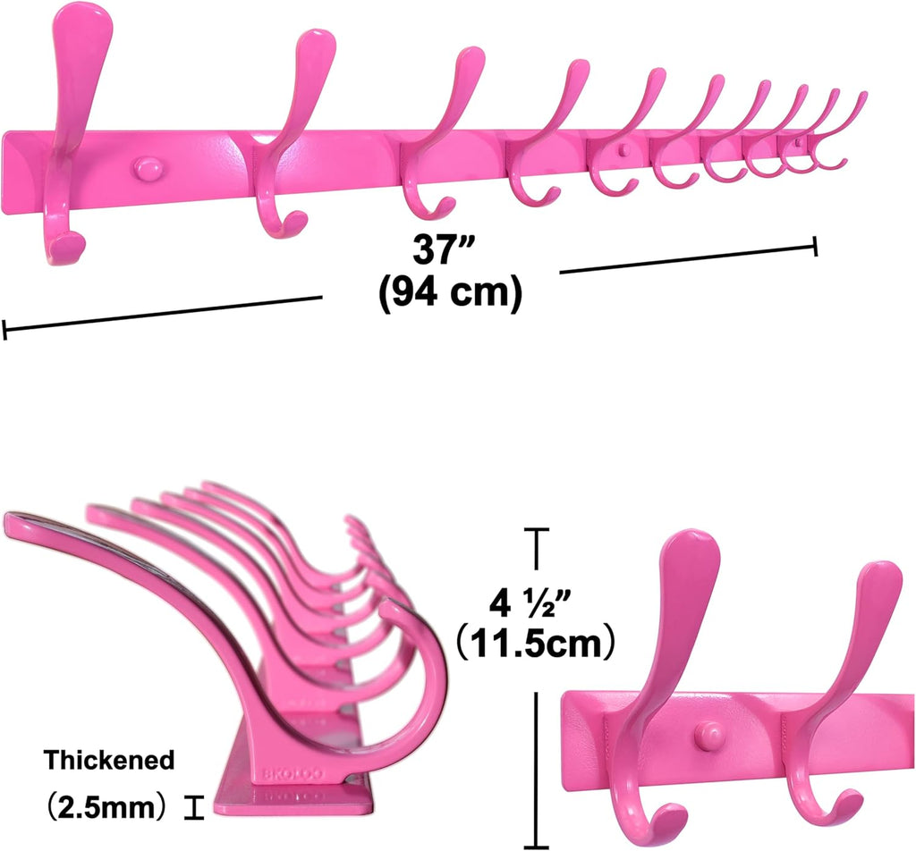 SKOLOO Coat Rack Wall Mounted - 10 Hooks, Heavy Duty, Stainless Steel, Metal Wall Hanger, Sturdy Coat Hooks for Hanging Coats, Jackets, Clothes, Hats - Pink