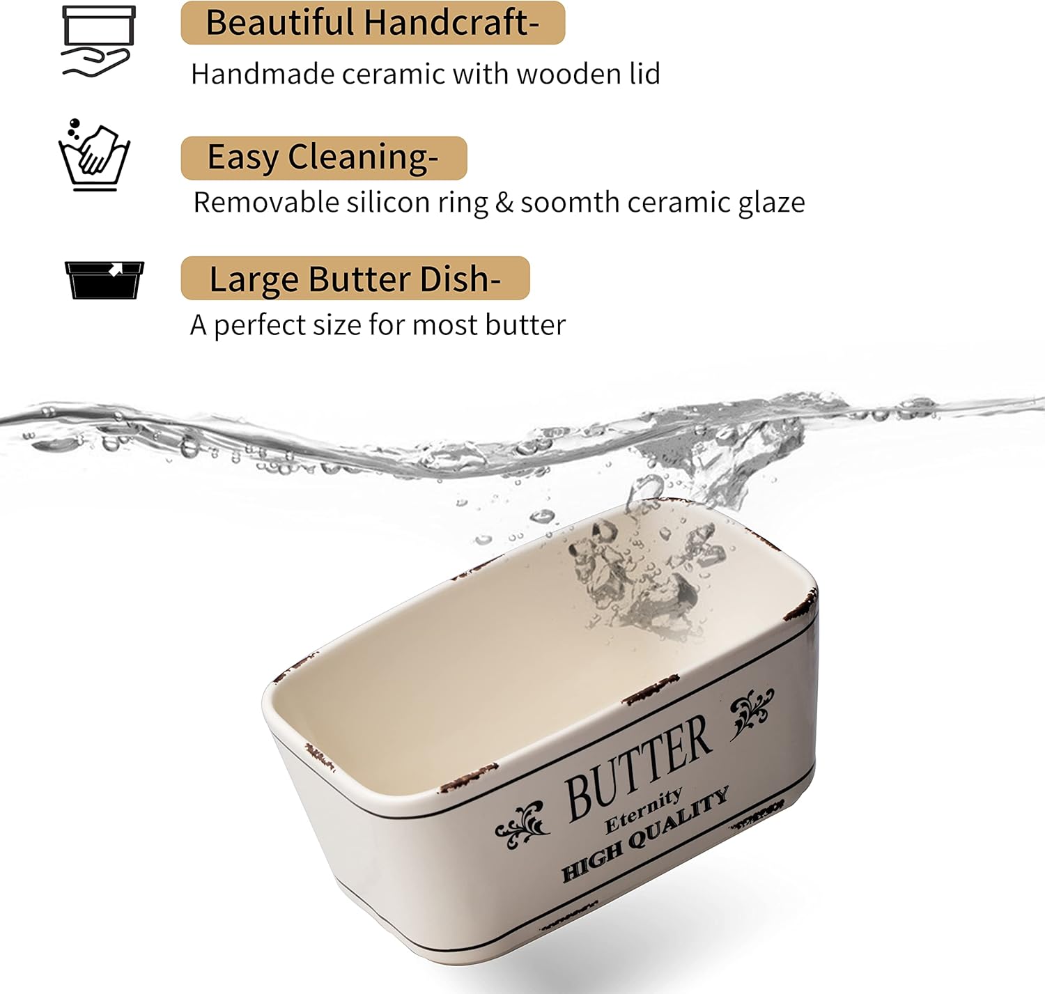 Hasense Farmhouse Butter Dish with Lid for Countertop, Vintage Butter Keeper Holder, Large Container for Fridge with Freshness Seal, Enhance Kitchen Decor, Holds Two Sticks of Butter, White