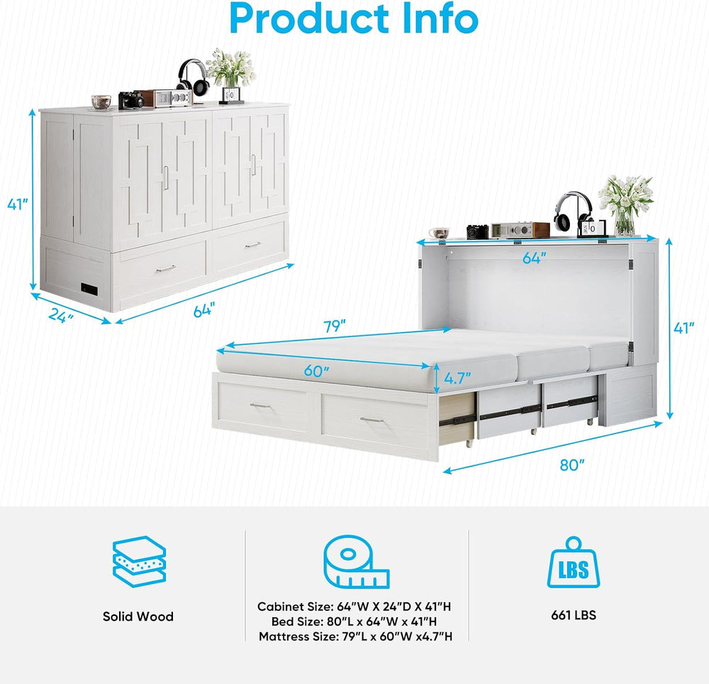 Mjkone 64" Width Queen Size Murphy Bed Cabinet with USB Charging Station...