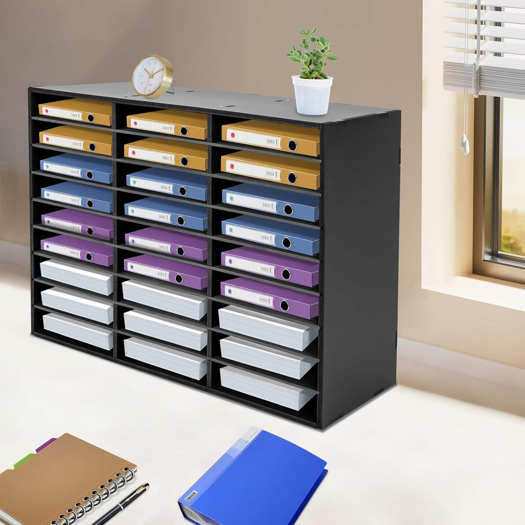 27 Compartments Literature Organizer, Desktop File Sorter Mail Center Paper Storage Cabinet Classroom Mailbox for Files Documents Papers Magazines(White) (Black 27Slots 1)