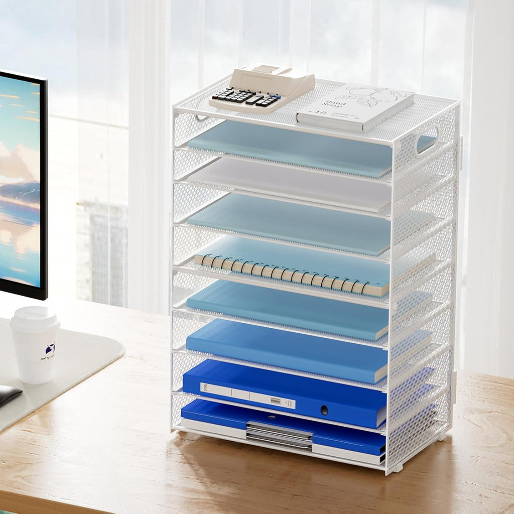 Marbrasse Paper Organizer Letter Tray, 9 Tier Mesh File Organizer with Handle, Paper Sorter Desk Organizer for Home Office Supplies - White