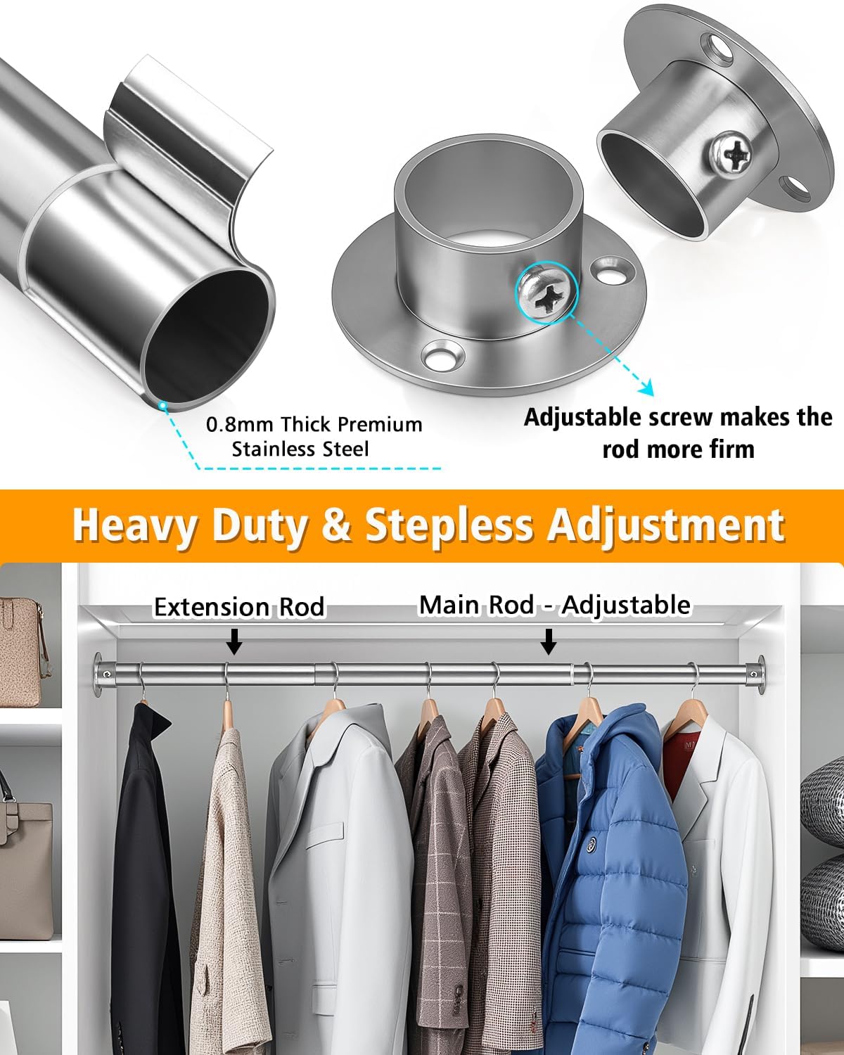 Closet Rods for Hanging Clothes, 17-64 Inch Heavy Duty and Stepless Adjustable Closet Poles, Stainless Steel Closet Hanging Rod for Closet, Wardrobes, Laundry Room, Bathroom, RV (Silver)