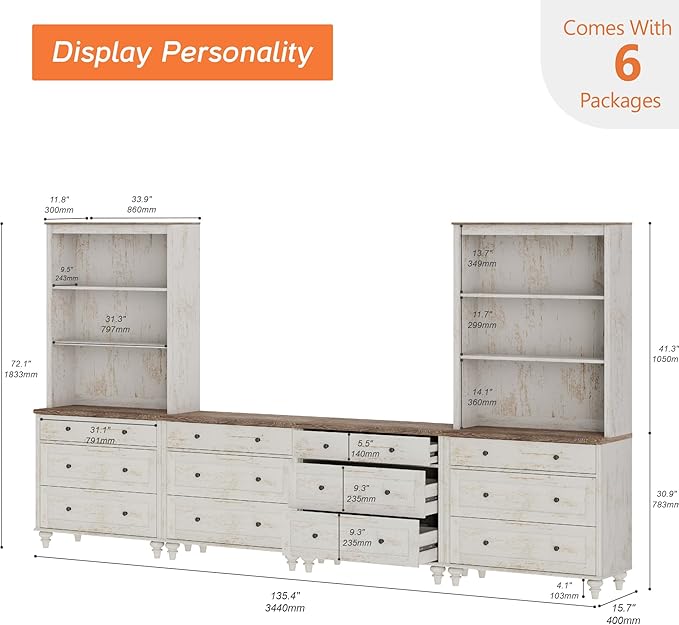 WAMPAT Entertainment Center with Bookshelves for TVs up to 75", Farmhouse Wall Unit TV Stand with Drawers, Media Console Table for Living Room, Bedroom & Home Theater, Rustic White