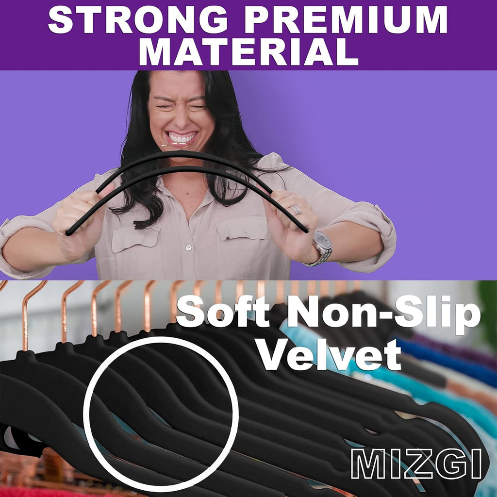 MIZGI Premium Velvet Hangers (60 Pack) Heavy Duty- Non Slip Felt Hangers - Velvet Suit Hanger Black - Rose Gold Hooks,Space Saving Clothes Hanger