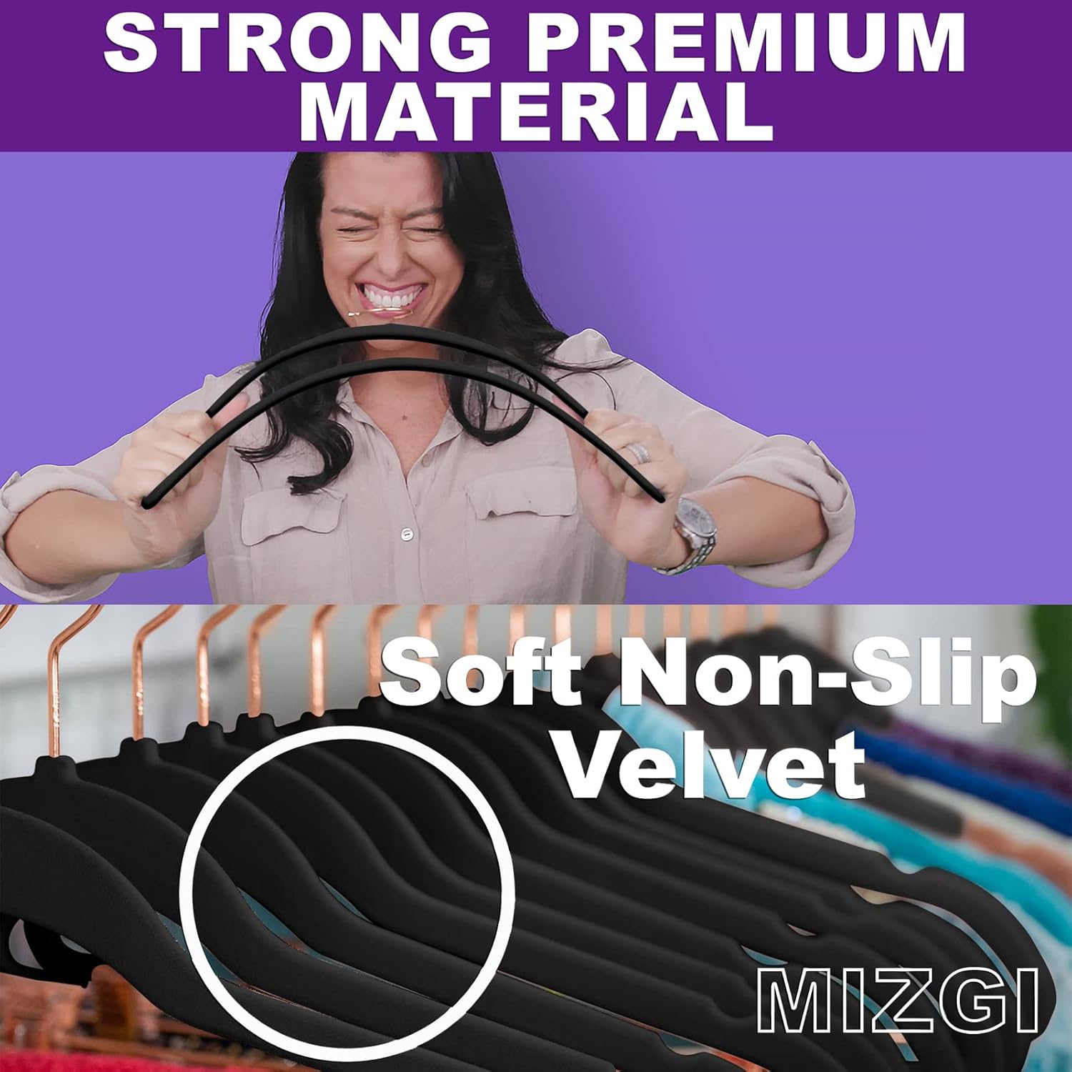 MIZGI Premium Velvet Hangers (30 Pack) Heavy Duty- Non Slip - Velvet Suit Hangers Black - Copper/Rose Gold Hooks,Space Saving Clothes Hangers (Black)