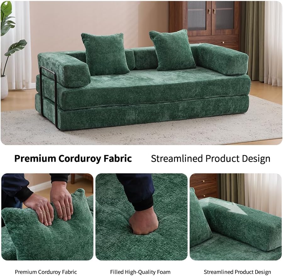 ZEIINPA Convertible Floor Sofa Bed with Fixed-Shape Frame, Modular Chenille Folding Mattress Couch with Armrest, Floor Sofa Lounge Couch for Living Room Bedroom Lounge Studio, Dark Green