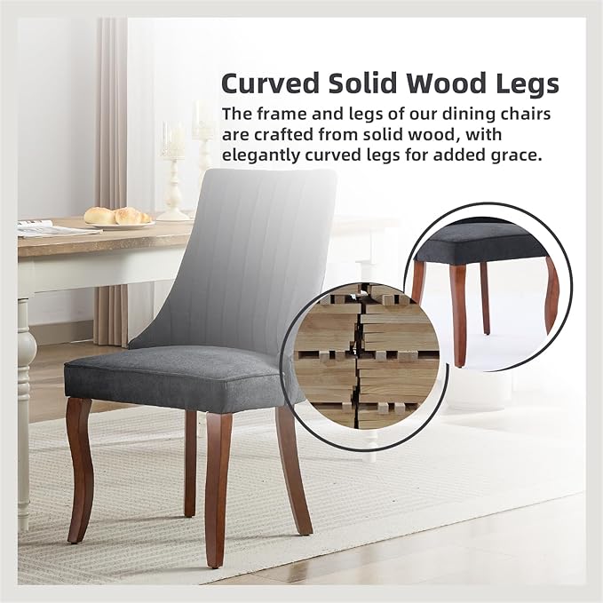 Linen Dining Chairs Set of 6，Fabric Channel Tufted Kitchen Chairs, Upholstered Accent Chairs with Curved Solid Wood Legs, Comfortable Dining Chair for Dining Room, (Black, 6pc)