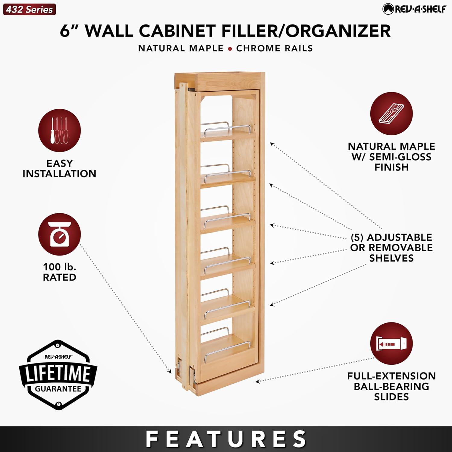 Rev-A-Shelf 6" W x 42" H Pull Out Quad Shelf Organizer for Wall & Base Kitchen Cabinets, Full Extension Filler Spice Rack, Adjustable, Wood, 432-WF42-6C