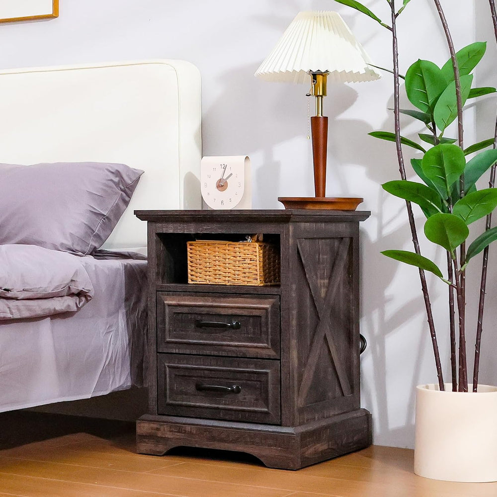 ALBAD Farmhouse Nightstand with Charging Station Rustic Bedside Table with 2 ...