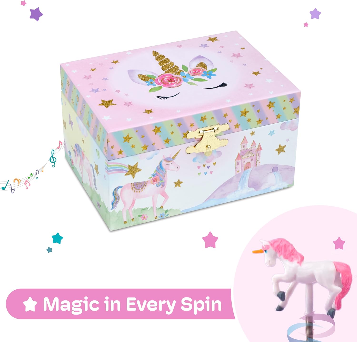 Jewelkeeper Musical Jewelry Box for Girls with Spinning Unicorn, Glitter Rainbow and Stars Design Music Box for Necklace, Earrings, and Accessories, Plays The Beautiful Dreamer Tune