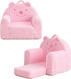 Kids Chair, Sherpa Bear Fold-Out Convertible Kids Couch, Pink | Kids couch flip out lounger, children reading chair, kids sofa with plush foam, removable cover, gift for boys girls