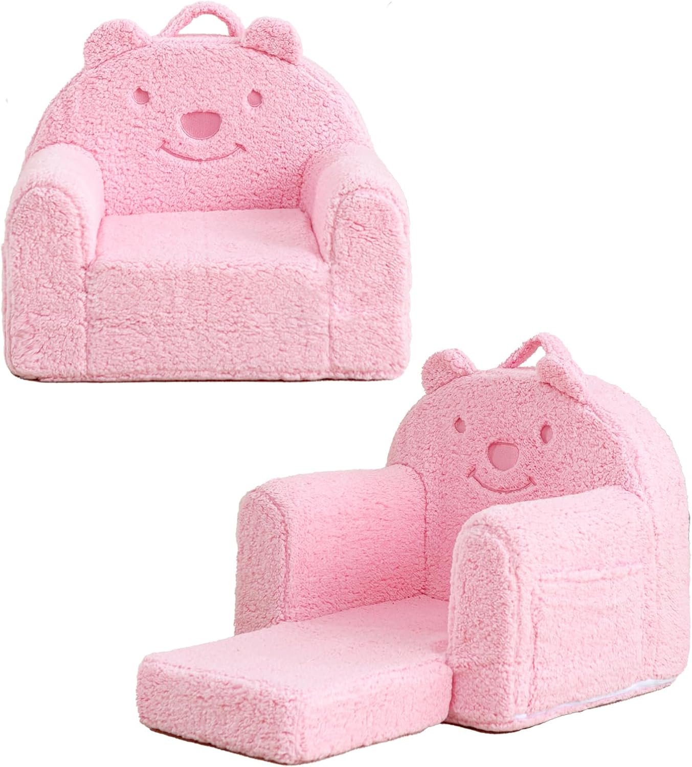 Kids Chair, Sherpa Bear Fold-Out Convertible Kids Couch, Pink | Kids couch flip out lounger, children reading chair, kids sofa with plush foam, removable cover, gift for boys girls