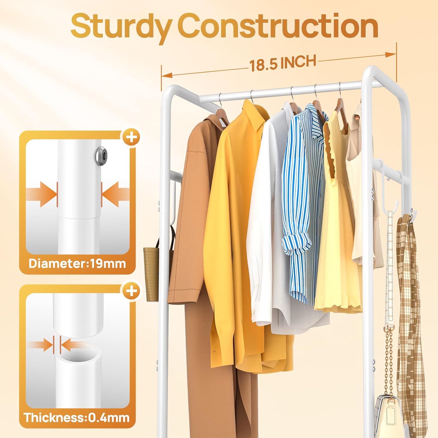 Clothes Rack with Wheels, Freestanding Garment Rack with 3 Metal Shelves for Hanging Clothes, Portable Hanging Rod for Small Room, Bedroom, Bathroom (White)