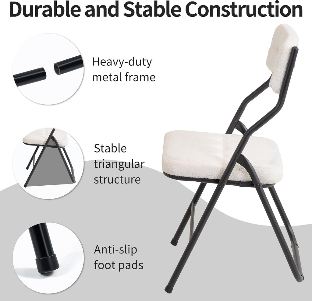 HOMEFUN Padded Folding Chairs 4 Pack - Foldable Dining Chair with Cushion, Portable and Assembled Extra Seat for Guests Kitchen Office Wedding Party Teddy White