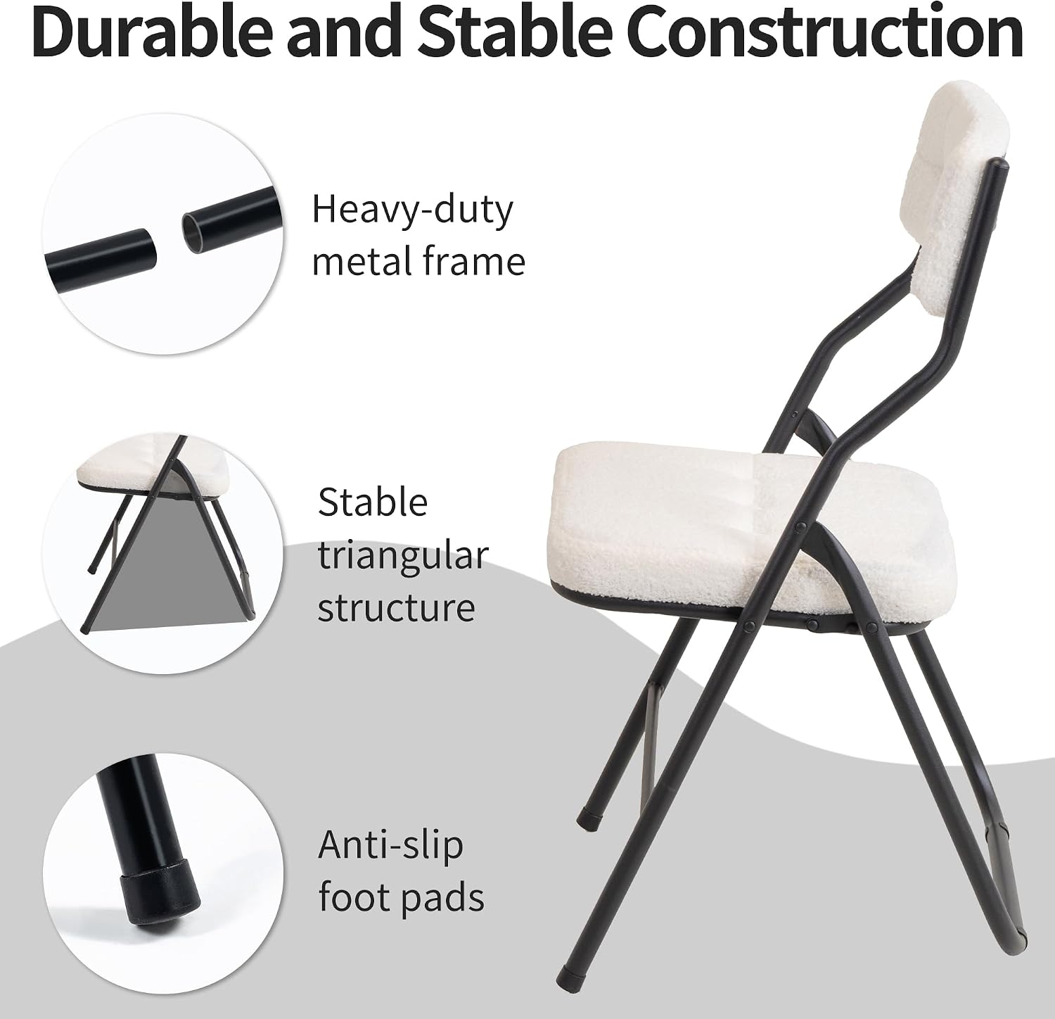 HOMEFUN Padded Folding Chairs 4 Pack - Foldable Dining Chair with Cushion, Portable and Assembled Extra Seat for Guests Kitchen Office Wedding Party Teddy White