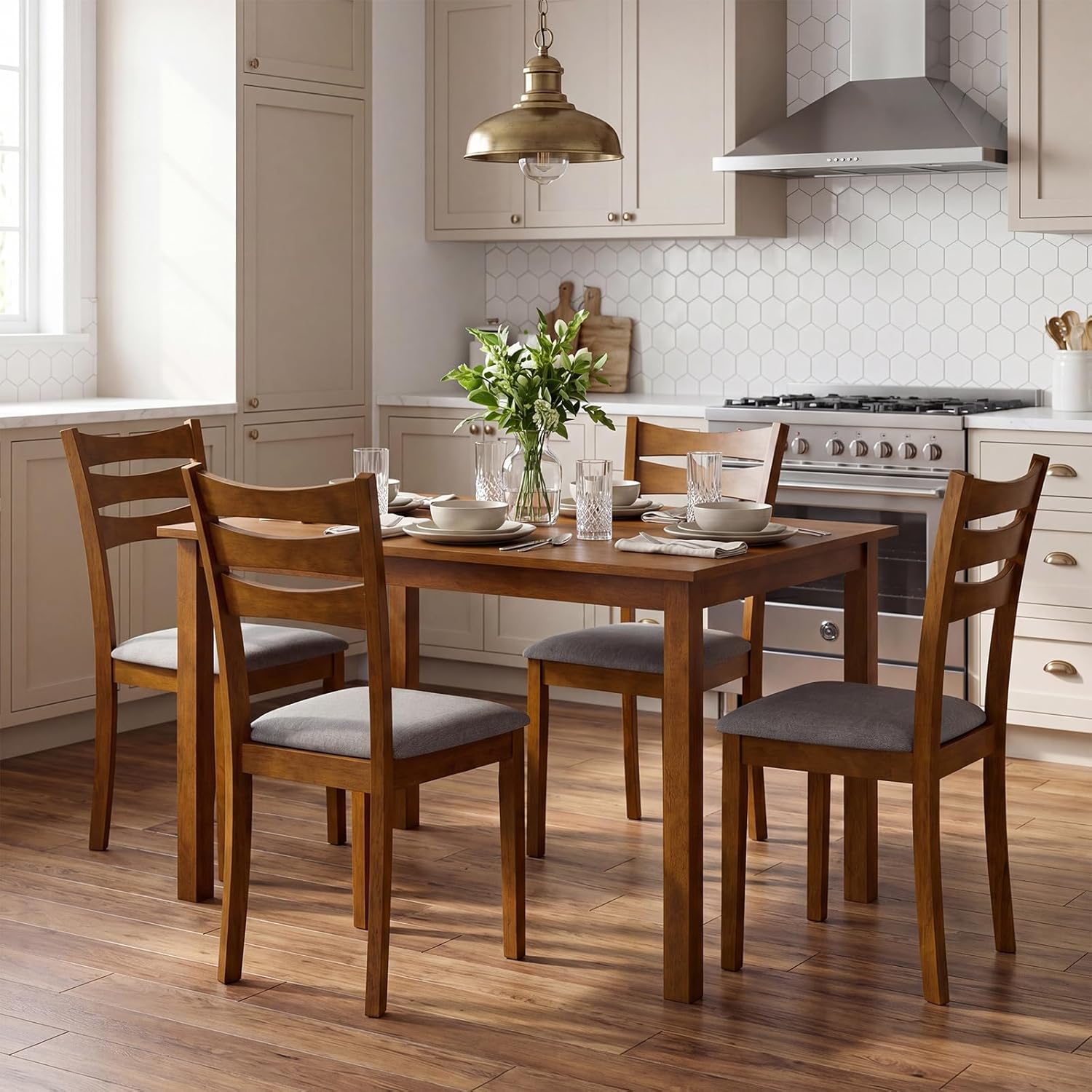 Giantex Dining Table Set for 4, Rectangular Kitchen Table Set w/ 4 Upholstered Chairs & Solid Rubber Wood Frame, Space-Saving Farmhouse Dinette Set for Small Space, Dining Room, Breakfast Nook