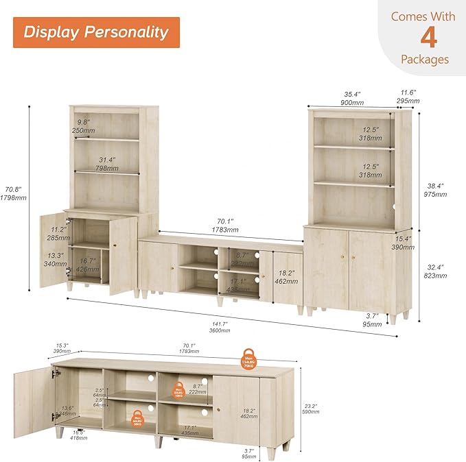 WAMPAT Modern TV Stand and Bookcase Set, Mid-Century Entertainment Center with Bookshelves and Cabinets for 75" TVs, Wood Media TV Console w/Adjustable Shelves for Living Room Bedroom, Light Oak