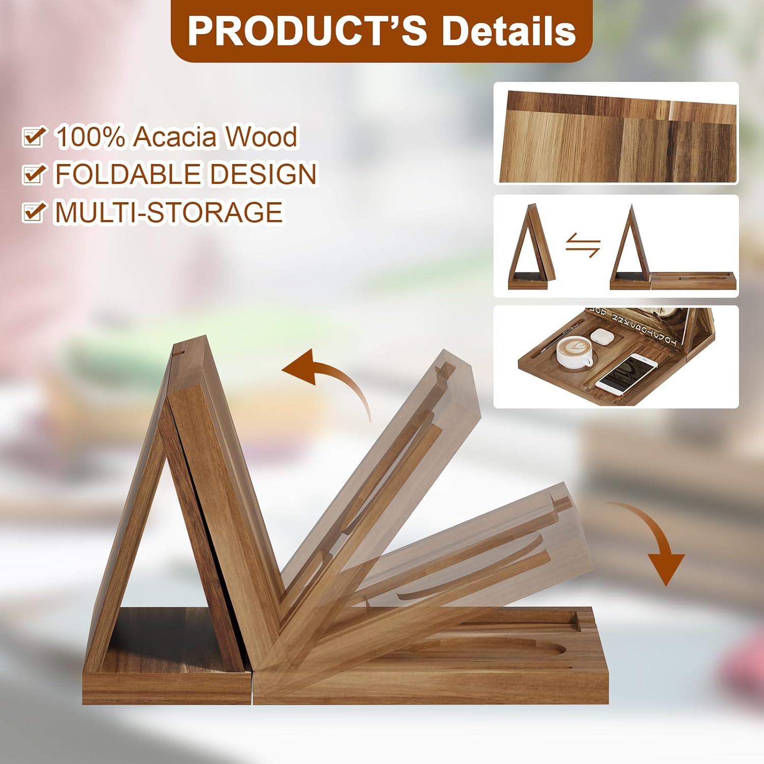 Wooden Triangle Book Stand Holder for Page Rest, Acacia Foldable Nook Reading Valet with Cup,Pen, Glasses and Phone Holder for Bedroom Nightstand Office,Book Lover Gifts for Readers (Acacia)