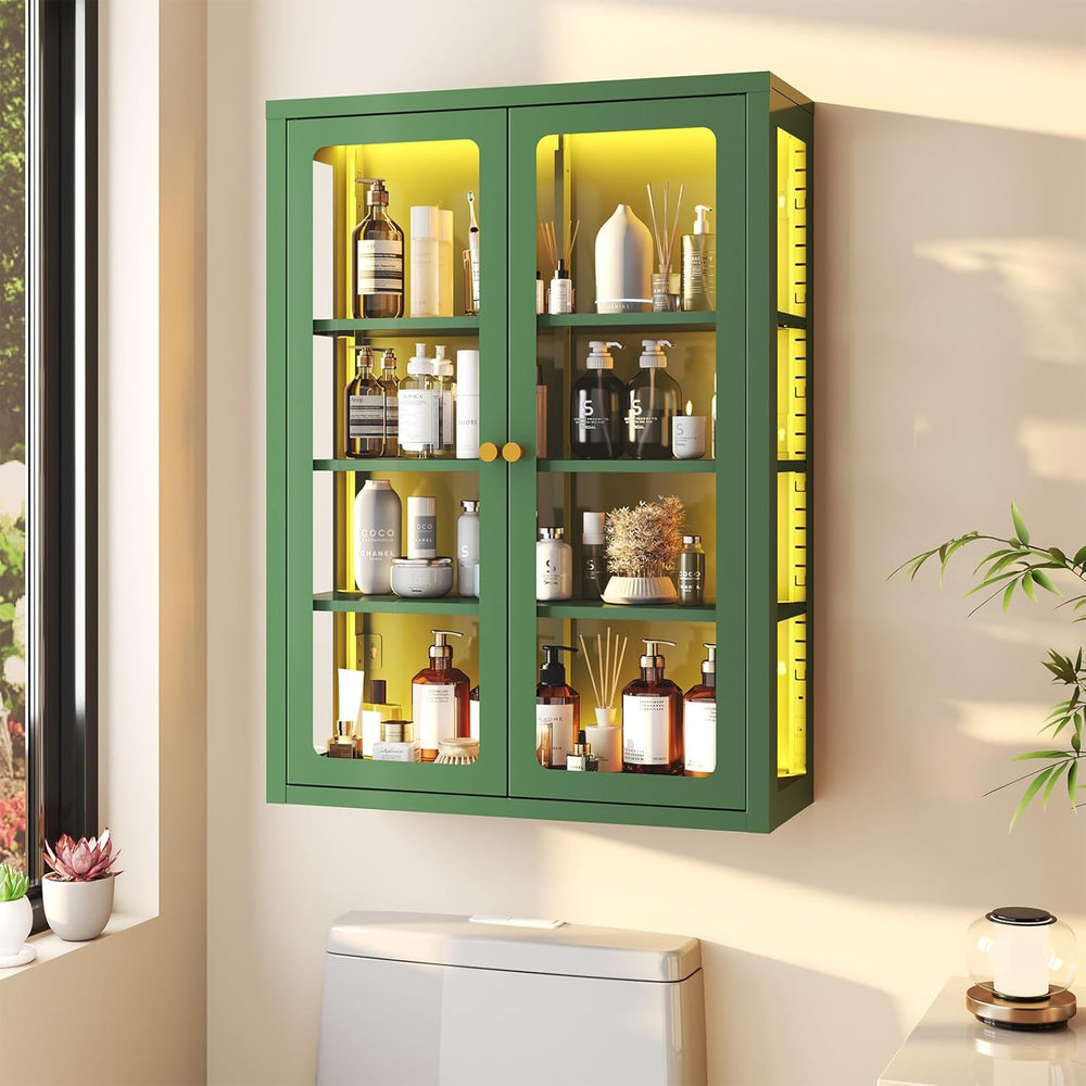 Waterproof Bathroom Metal Wall Cabinet with Light, Glass Doors & Adjustab...