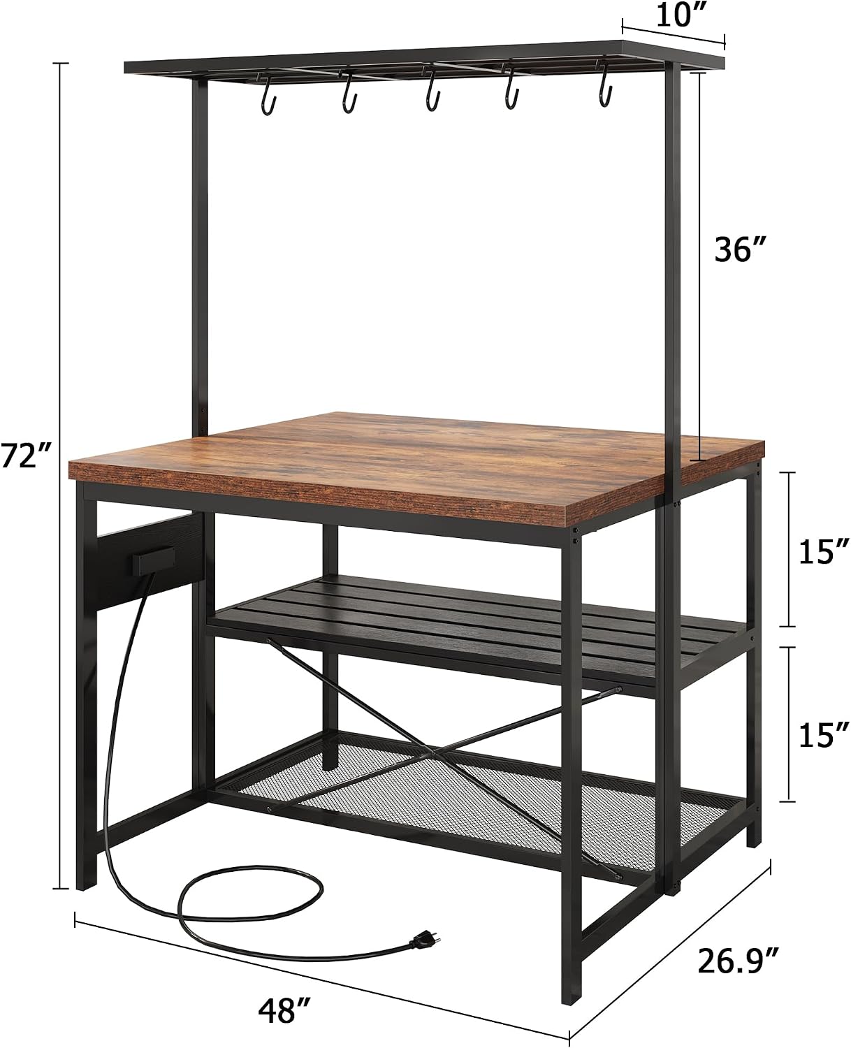 GarveeHome 47 in Kitchen Island with Power Outlet & Storage - Large Bakers Rack, Microwave Stand with 3-Tier Shelves & 5 Hooks for Pantry Organization
