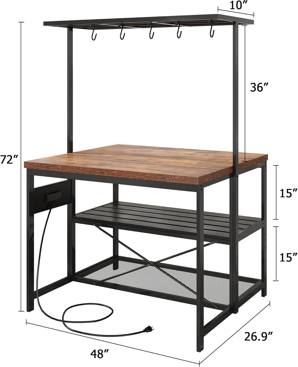 IDEALHOUSE 47" Kitchen Island with Electrical Outlets - Rolling Microwave Stand with 3-Tier Shelves, 5 Hooks & 400lb Capacity (Black & Wood)