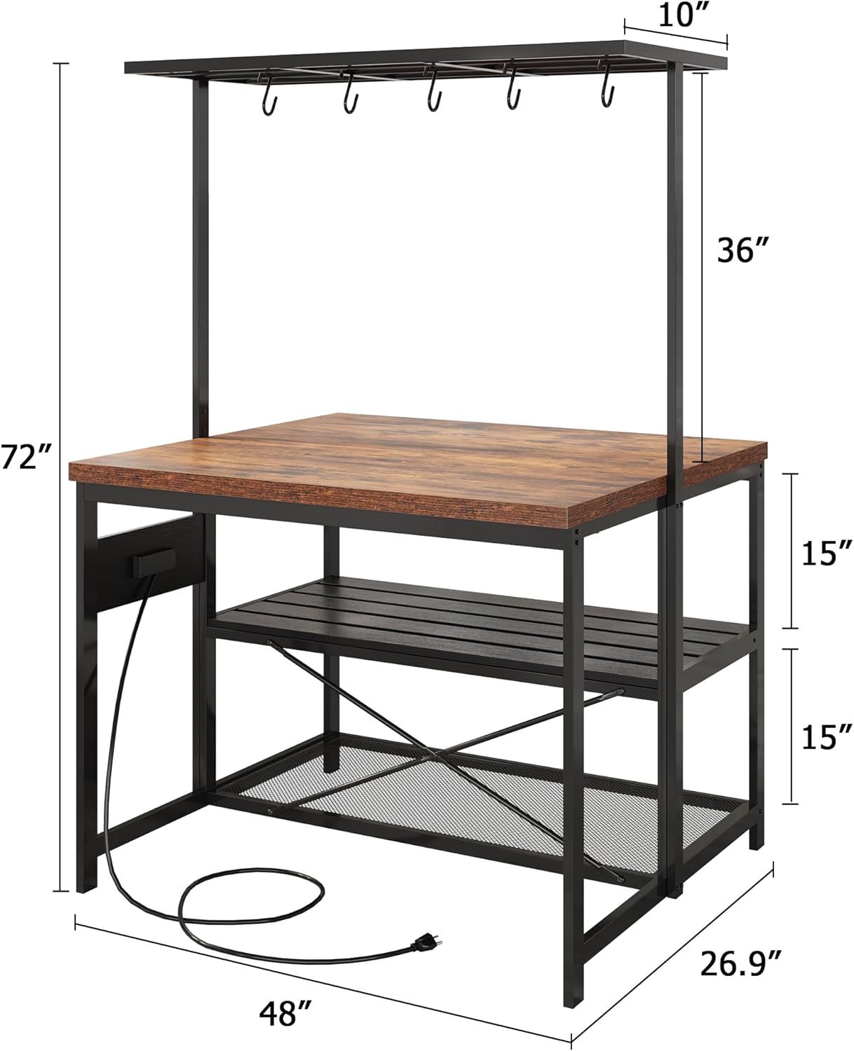 IDEALHOUSE 47" Kitchen Island with Electrical Outlets - Rolling Microwave Stand with 3-Tier Shelves, 5 Hooks & 400lb Capacity (Black & Wood)