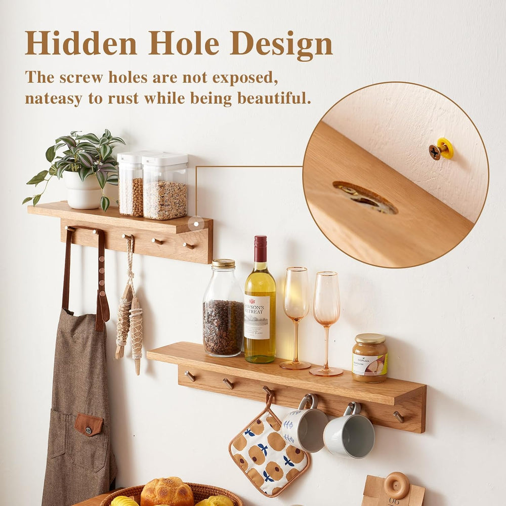 Oak Wood Coat Rack Wall Mount With Shelf 20 Inch Long, 5 Hooks, Floating Entr...