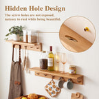 Oak Wood Coat Rack Wall Mount With Shelf 27.5 Inch Long, Entryway Floating Shelf With 6 Hooks for Bathroom, Hallway, Living Room