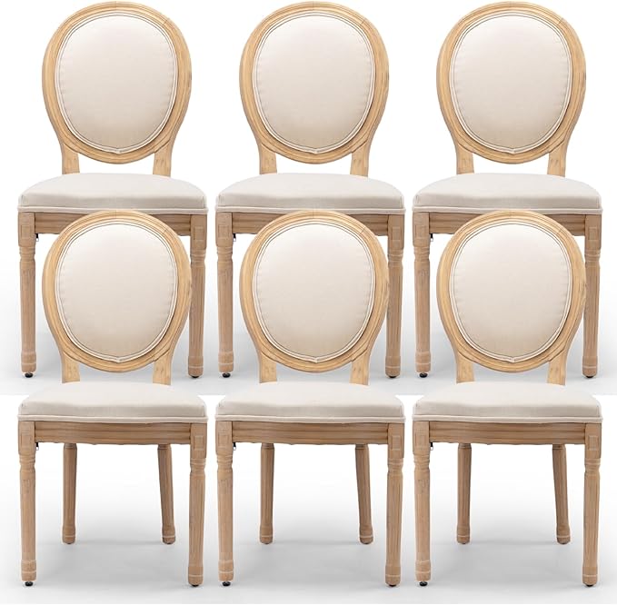 Upholstered Dining Chairs Set of 6 French Country Oval Fabric Back Kitchen Side Chair with Wood Legs for Dining Room, Kitchen, Restaurant(Beige-Fabric)