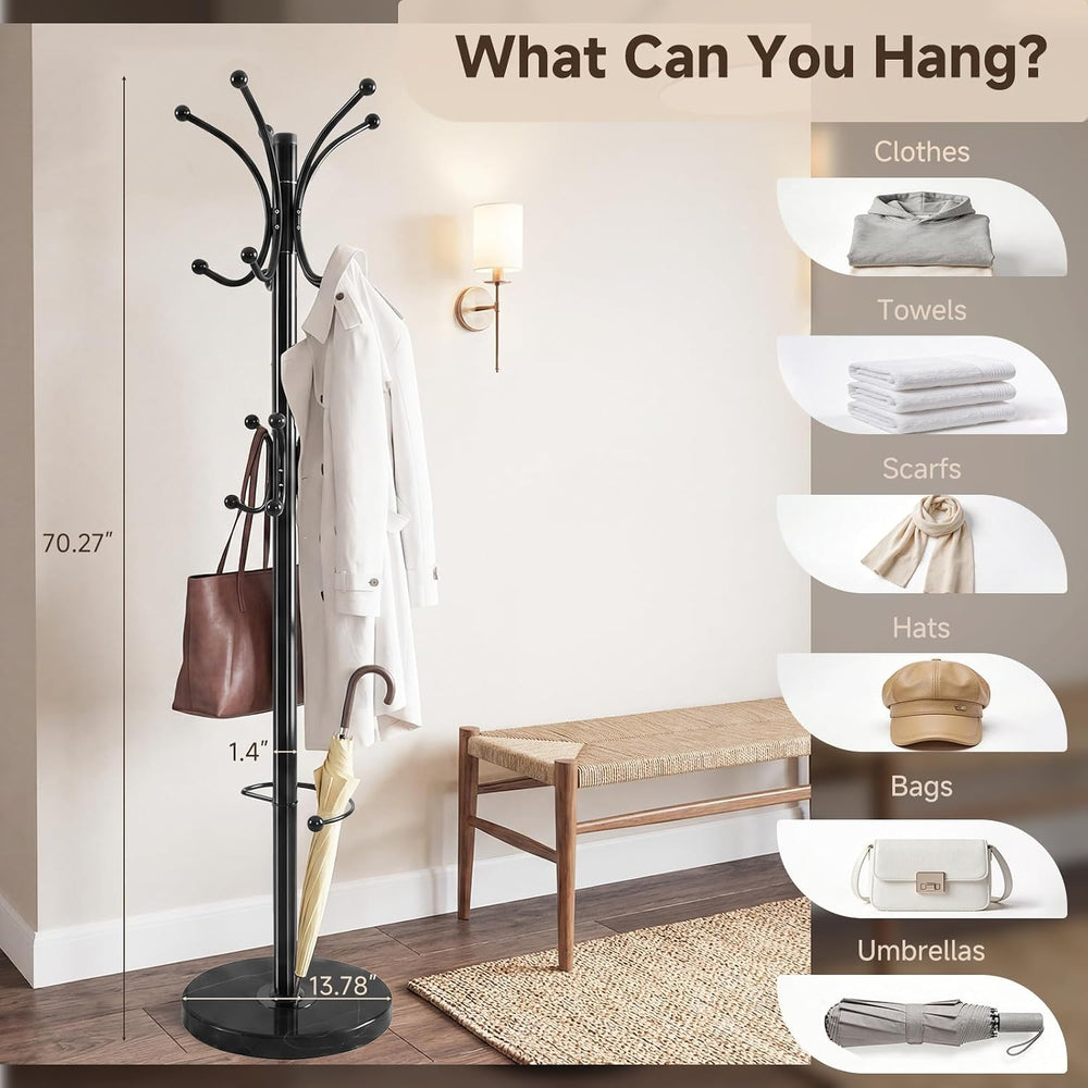 Marble Base Coat Rack Freestanding, 360° Rotary 16 Hooks Black