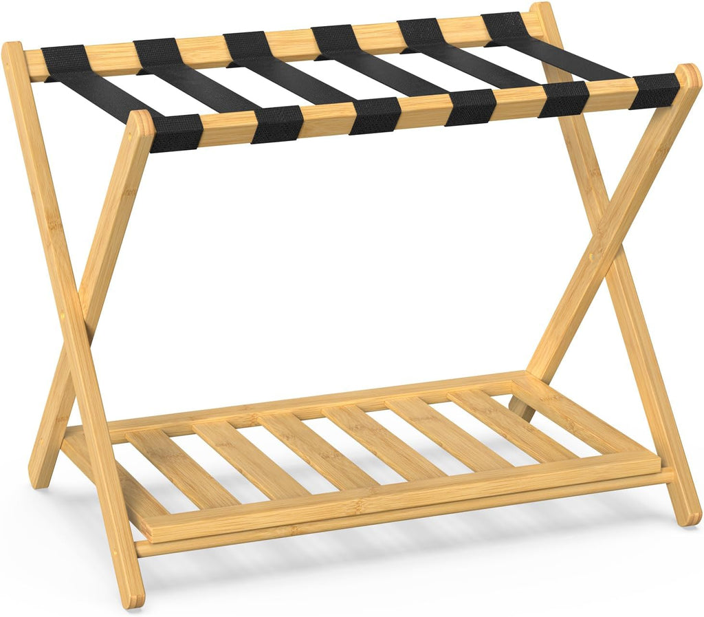 BAMBOOHOMIE Bamboo Luggage Rack for Guest Room, Wide Suitcase Stand with Storage Shelf, Folding Luggage Stand Holder for Bedroom Hotel, 26.77" Thickened Luggage Rack for Suitcases, Natural