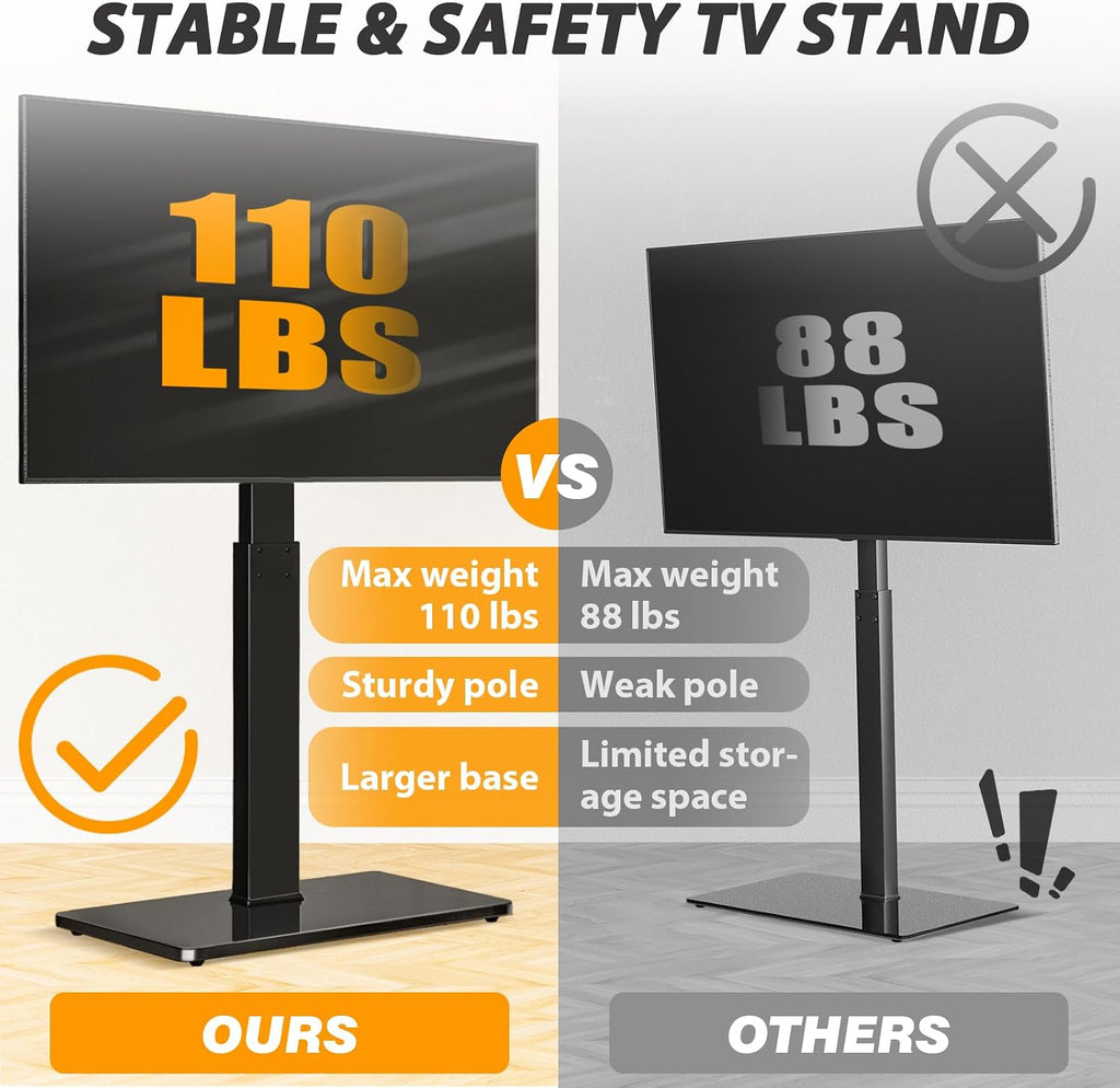 TAVR Swivel Floor TV Stand Base for 32-75 Inch TVs up to 110 lbs | Tall TV Stand for Bedroom with Height Adjustment and Tempered Glass Base for Media Storage, Max VESA 400x400mm, Black