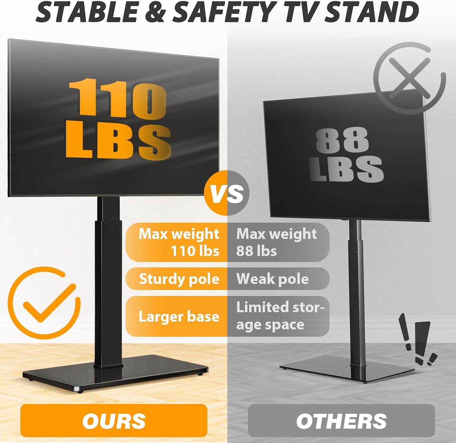TAVR Swivel Floor TV Stand Base for 32-75 Inch TVs up to 110 lbs | Tall TV Stand for Bedroom with Height Adjustment and Tempered Glass Base for Media Storage, Max VESA 400x400mm, Black