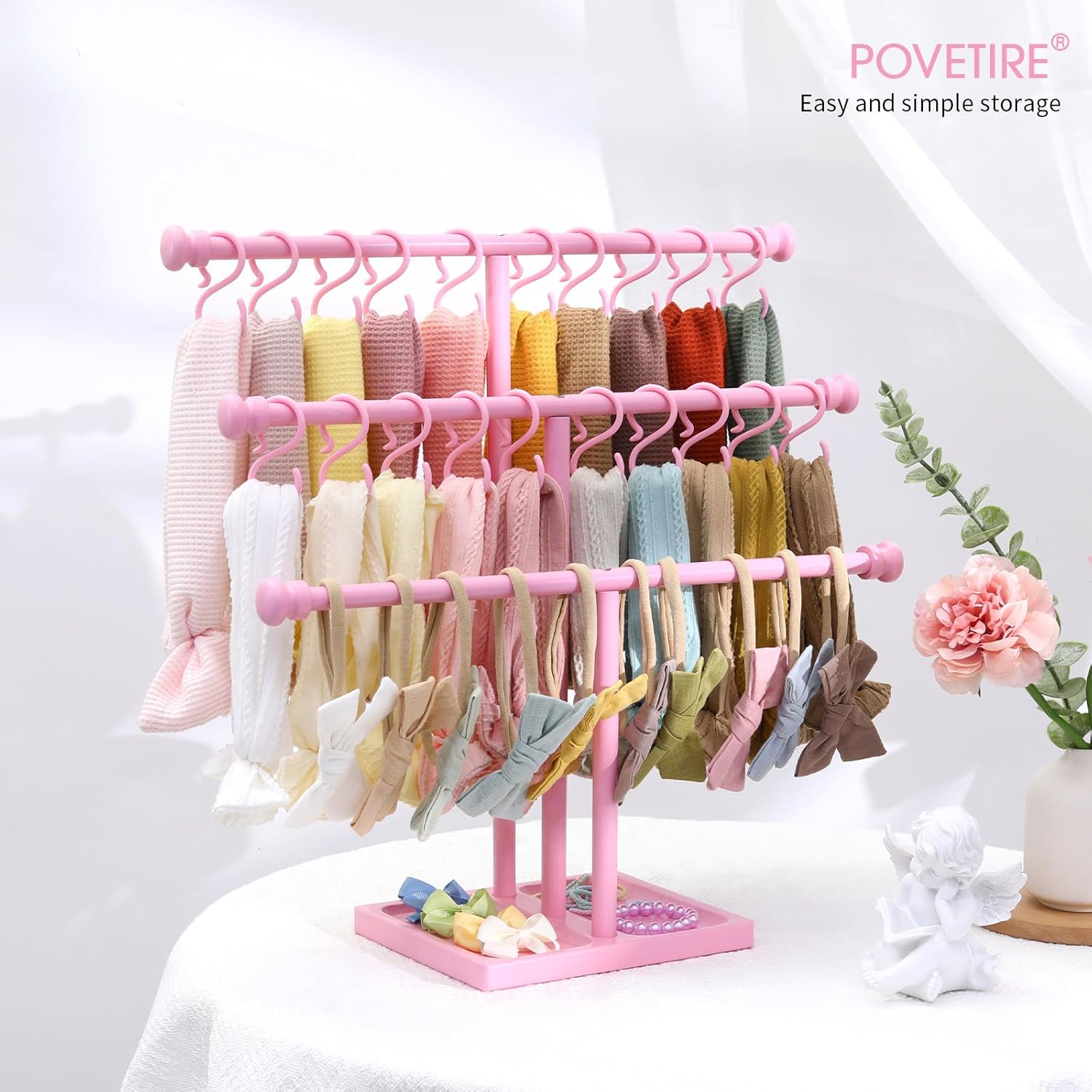 POVETIRE Headband Holder Stand Storage for Baby, 3 Tier Wooden Bow Organizer for Girls Hair Bows, Infant Hair Accessories Rack Display for Nursery Decor