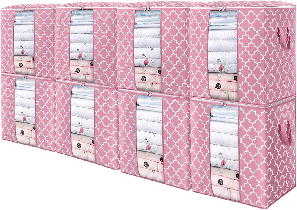 WISELIFE Storage Bags 8 Pack/100L Large Blanket Clothes Organization and Storage Containers for Comforters,Bedding, Foldable Organizer with Reinforced Handle, Clear Window, Sturdy Zippers,Pink