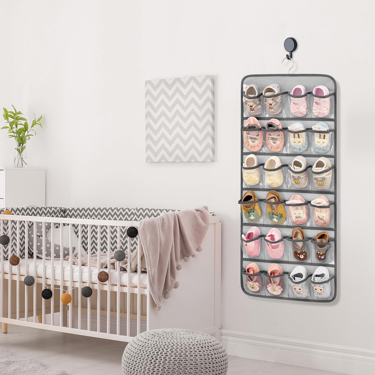 Dual-sided Hanging Baby Shoes Organizer Closet Toddler Shoe Storage Holder for Kids Bow Socks Underwear (GREY)