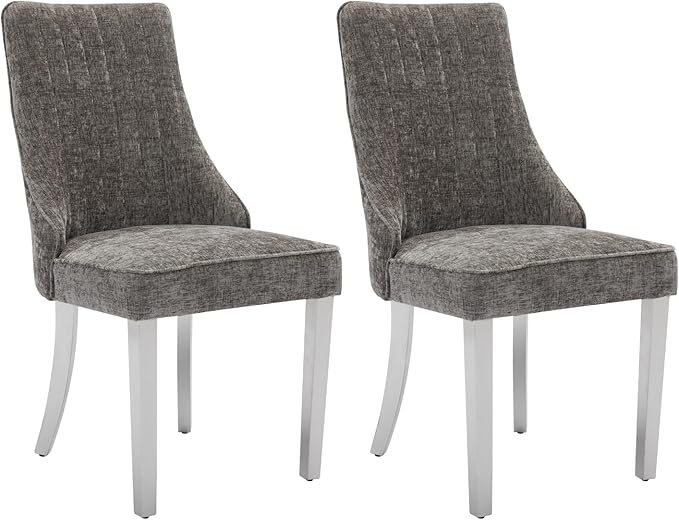 Dining Chairs Set of 2，Modern Channel Tufted Upholstered Dining Chairs with Silver Stainless Steel Legs, Comfortable Chenille Fabric Kitchen Chairs for Dining Room (Grey, 2pc)